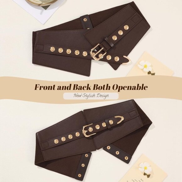 Women Elastic Chunky Stretchy Elegance Belt with Gold Rivets Buckle Daily Coffee